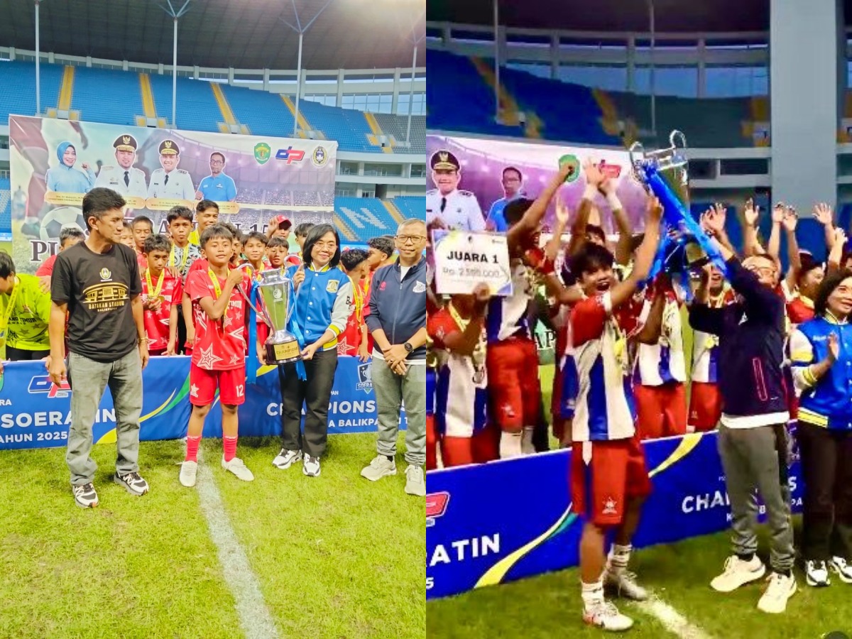 DOUBLE CHAMPIONS: Skuad Bintang Timur Balikpapan U-13 dan U-15 (foto kanan) rayakan gelar juara usai menangi final Soeratin 2025 Region Balikpapan.