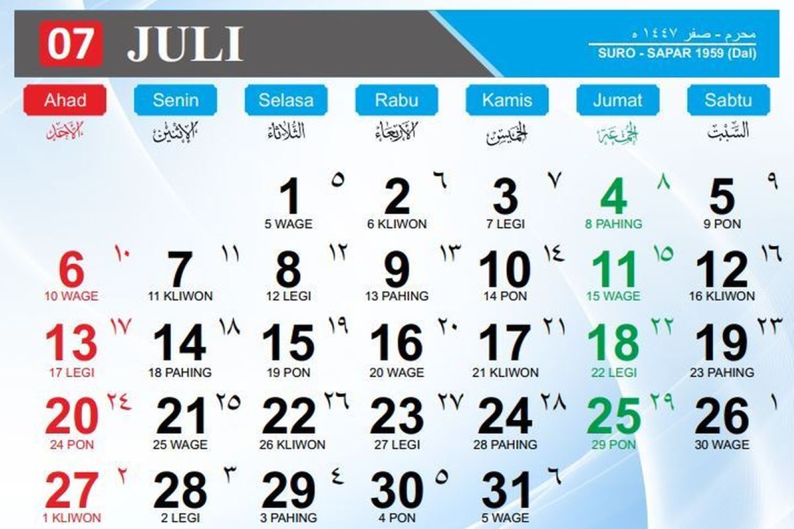 Perincian 31 hari pada Kalender Juli 2025.