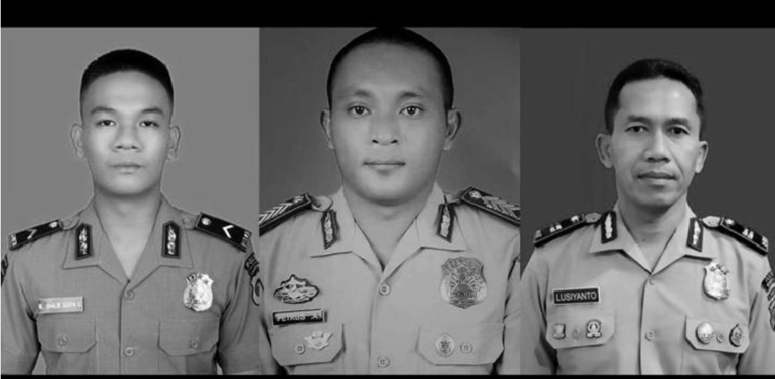 Bripda M Ghalib Surya Ganta (kiri), Bripka Petrus Apriyanto dan Iptu Lusiyanto, anggota Polres Way Kanan yang tewas saat menggerebek judi sabung ayam di Way Kanan, Lampung. (FOTO: IST)
