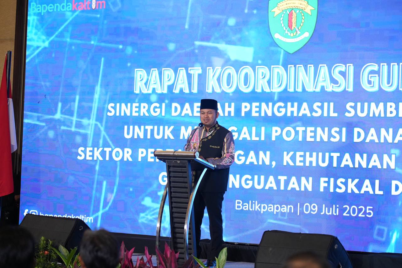 MENGGALI POTENSI: Rudy Mas&rsquo;ud memaparkan kondisi fiskal Kaltim yang belum optimal dari sektor DBH sumber daya alam, dalam rapat koordinasi di Hotel Novotel, Balikpapan, 9 Juli 2025. (IST/ADPIMPROV)