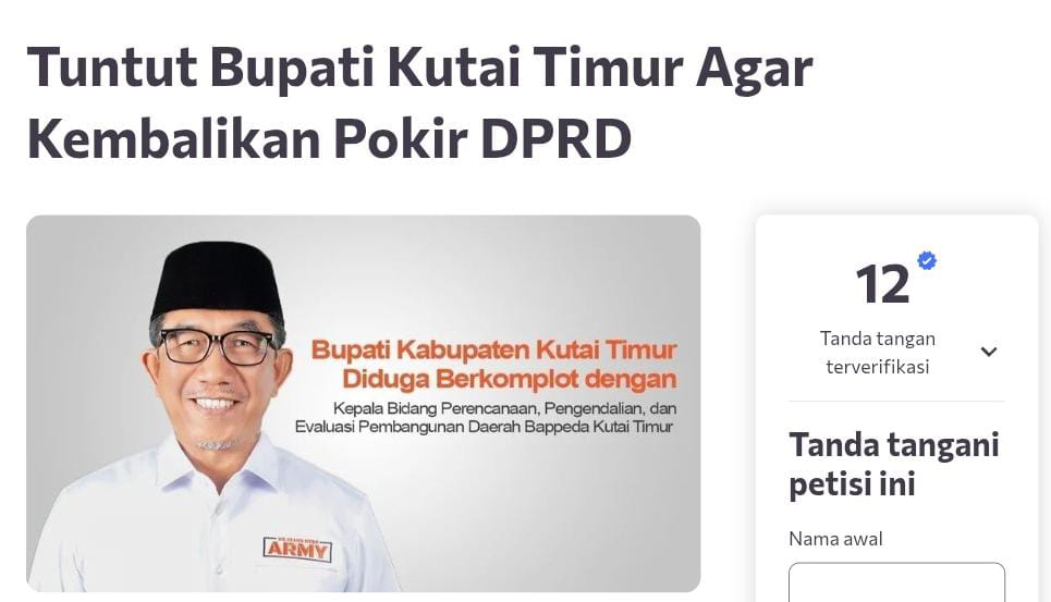 MENUNTUT: Tangkapan layar laman petisi daring yang menuntut pengembalian Pokir DPRD Kutim, Selasa (15/7/2025).