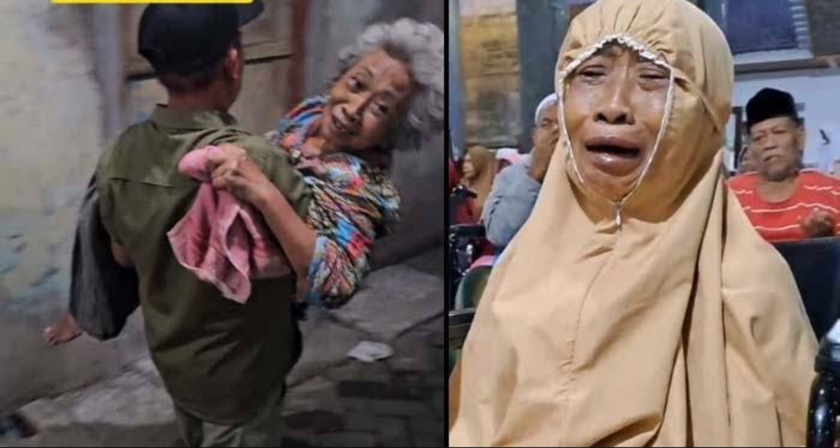 Nenek Fatimah digendong petugas menuju ambulans sebelum dibawa ke panti jompo Griya Lansia Khusnul Khatimah, Malang. (FOTO: IST)