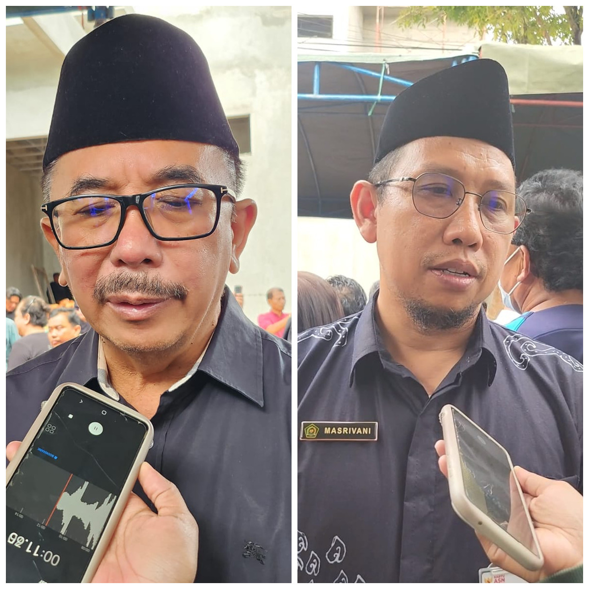 SOSOK: Mantan Wali Kota Balikpapan Rizal Effendi (kiri) dan Kepala Kemenag Balikpapan, Masrivani diwawancarai di rumah duka mendiang Yaser Arafat.