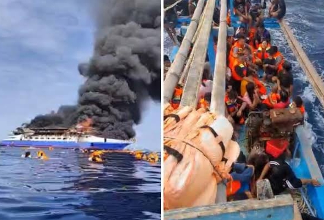 KM Barcelona V dilalap api di perairan Minahasa Utara, Sulawesi Utara, Minggu (20/7/2025), terlihat penumpang yang berhasil diselamatkan perahu milik warga setempat. (FOTO: IST)