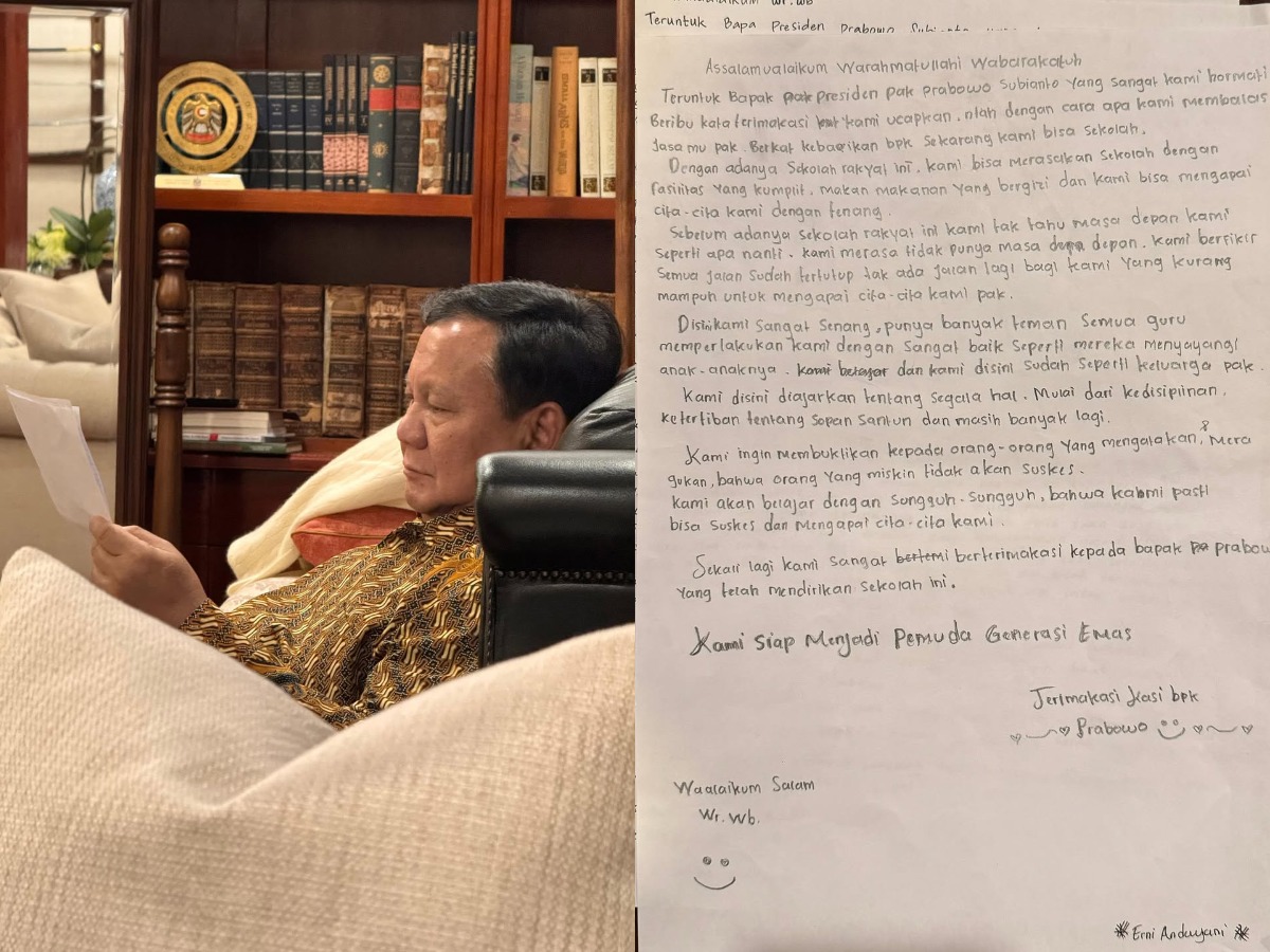 Presiden Prabowo saat membaca surat dari siswa Sekolah Rakyat Cibinong.