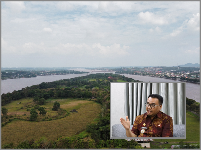Pulau Kumala di Tenggarong, terlihat dari udara, dikelilingi Sungai Mahakam yang menyimpan potensi besar untuk pengembangan arena golf dan pusat rekreasi. Inset, Bupati Kukar Aulia Rahman Basri.