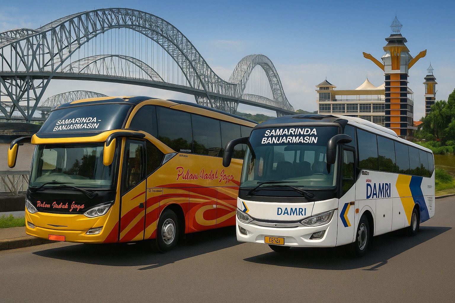 Bus rute Samarinda - Banjarmsin dari Pulau Indah dan DAMRI siap melayani penumpang dengan fasilitas dan layanan berbeda dari tiap operator.
