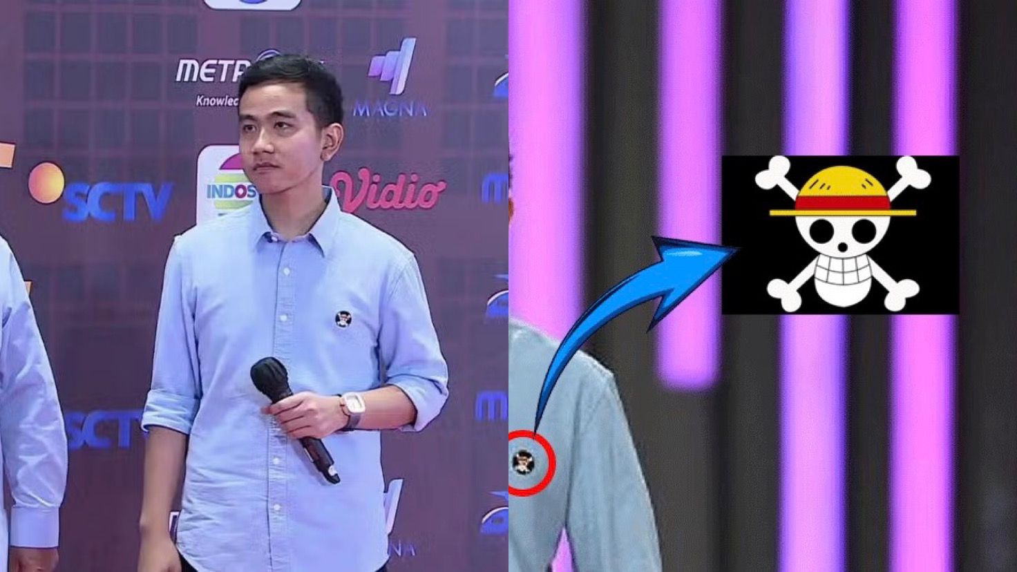 Wakil Presiden Gibran Rakabuming Raka saat kampanye Pilpres 2024 memakai atribut pin symbol One Piece.
