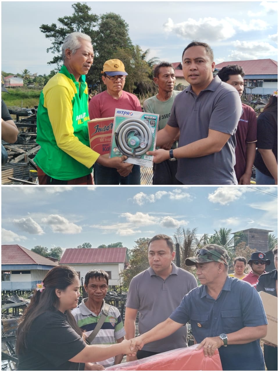 PEDULI: Bupati Kutai Barat Frederick Edwin (atas) menyerahkan bantuan secara simbolis. Foto lain Wakil Bupati Kubar Nanang Adriani menyerahkan bantuan kepada warga korban kebakaran.