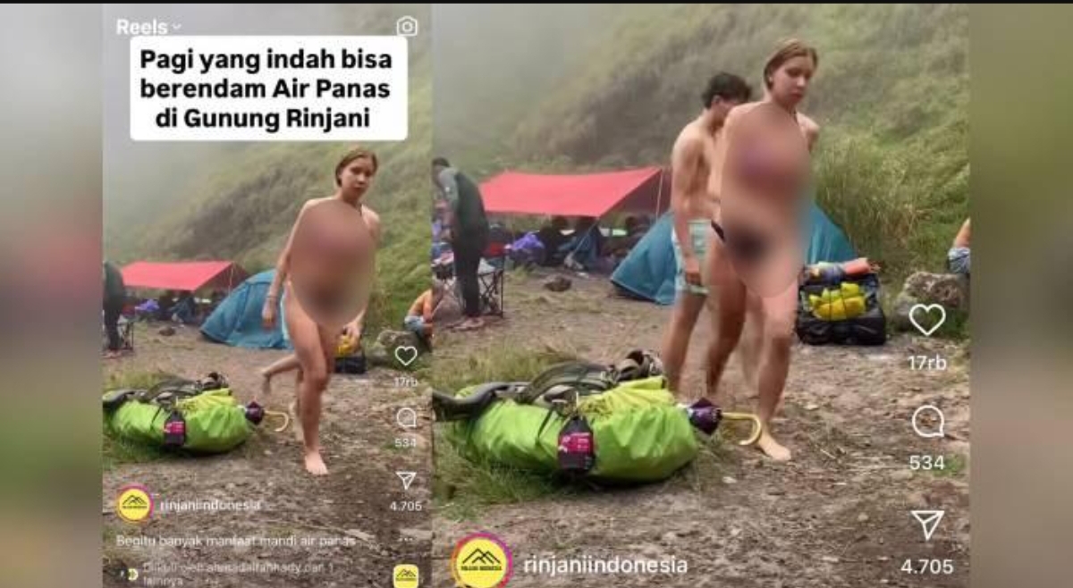 Tangkapan layar video turis asing mandi di pemandian air panas jalur Torean, Gunung Rinjani, Lombok, yang menuai sorotan warganet. (Foto: Instagram Rinjaniindonesia)