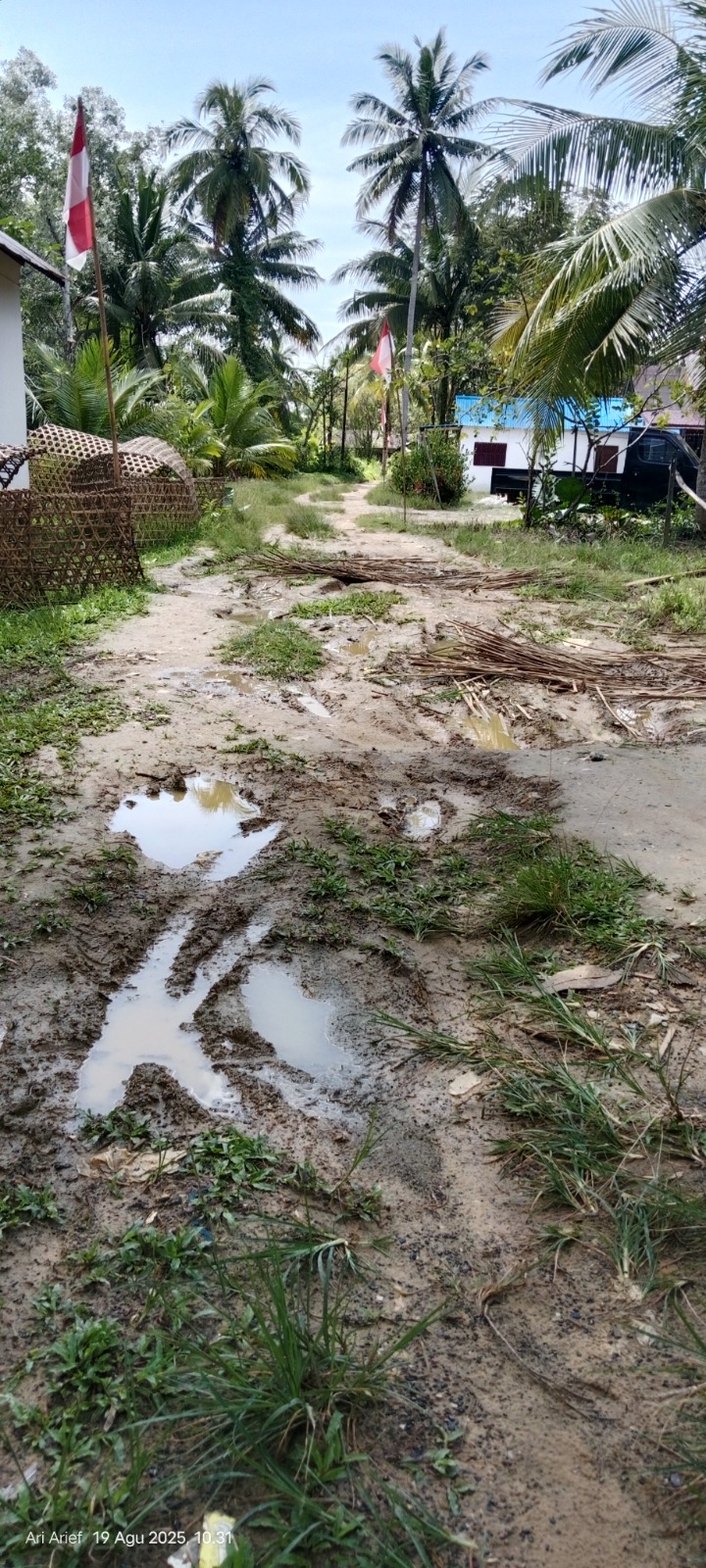 RUSAK: Jalan sekira sepanjang 800 meter, lebar 3 meter ini, di Kelurahan Nenang, Kecamatan Penajam, PPU, saat ini rusak parah. Warga berharap pemerintah bisa perbaikan segera. (ARI/KP)