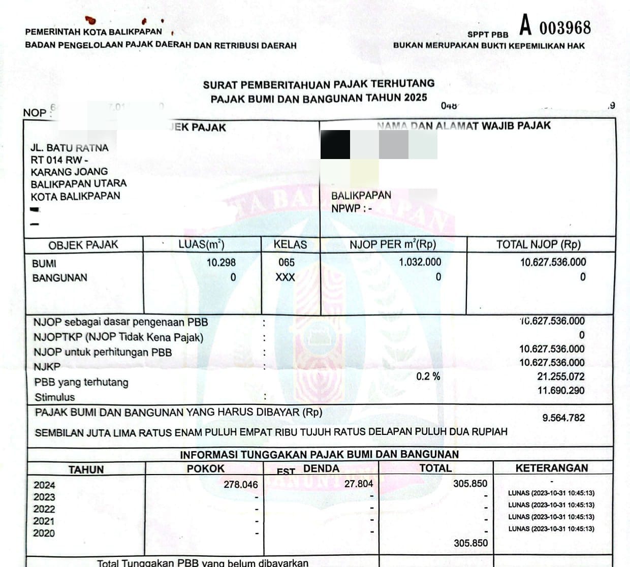 NAIK: Tagihan PBB-P2 2025 yang diterima warga melonjak tajam dari tahun-tahun sebelumnya.