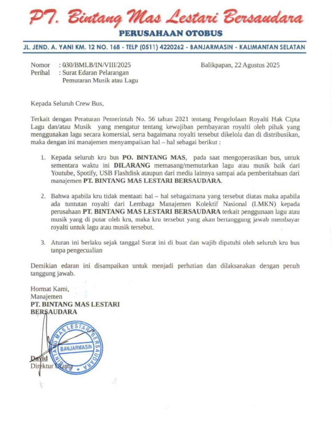 Surat edaran perusahaan otobus yang berbasis di Kalimantan Selatan ini mendadak viral di media sosial.