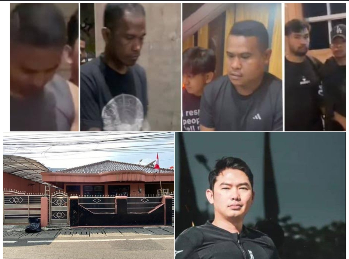 Deretan tersangka kasus pembunuhan Ilham Pradipta (foto kanan bawah), saat diamankan polisi. Mereka ditangkap di rumah kontrakan di Johar Baru, Jakarta Pusat (foto kiri bawah).