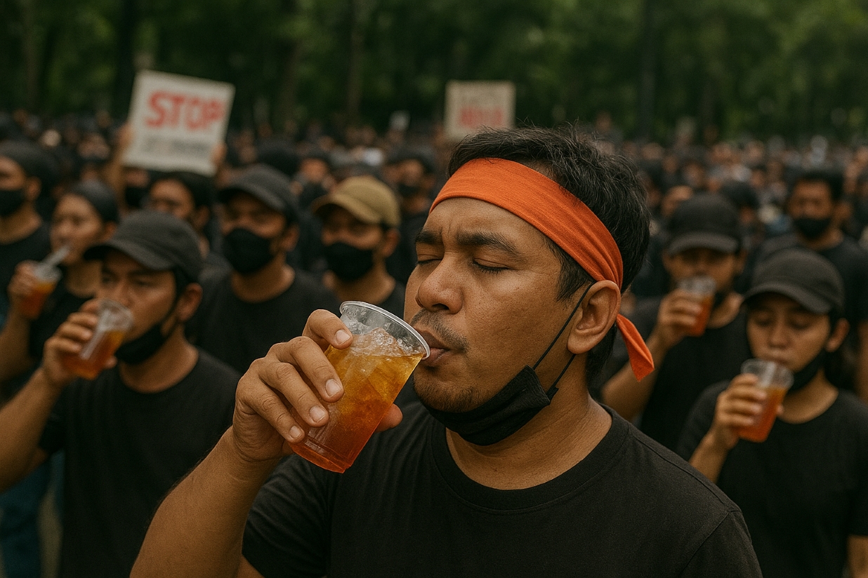 Ilustrasi Masyarakat Sedang Menyegarkan Diri dengan Minum Es.