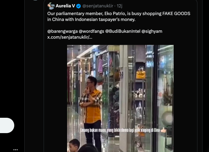 Status akun X yang menampilkan pria diduga Eko Patrio di China.