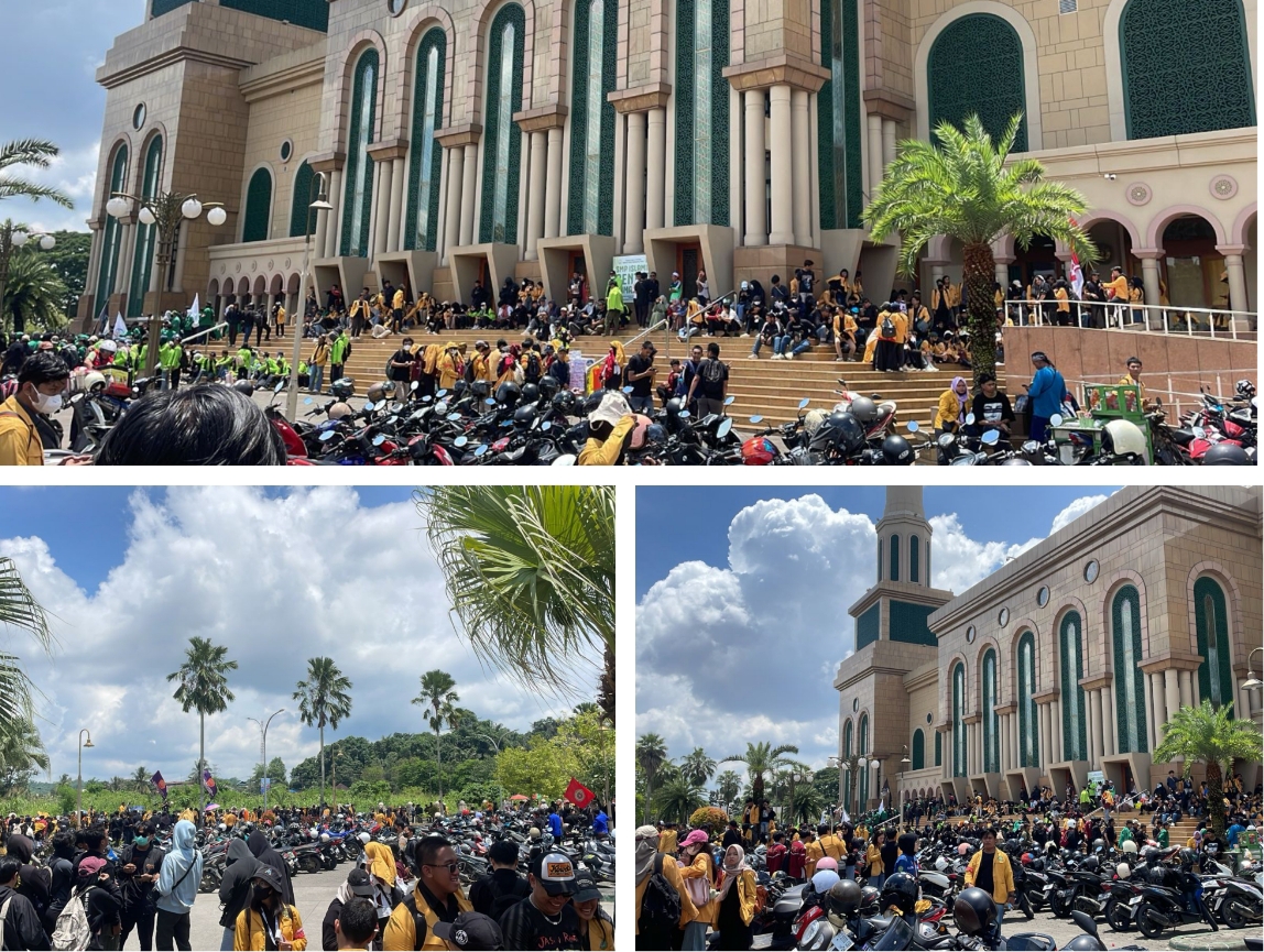 Mahasiswa berkumpul di halaman Islamic Center Samarinda, Senin (1/9), sebelum long march menuju Gedung DPRD Kaltim untuk menyuarakan 11 tuntutan. (FOTO: IST)
