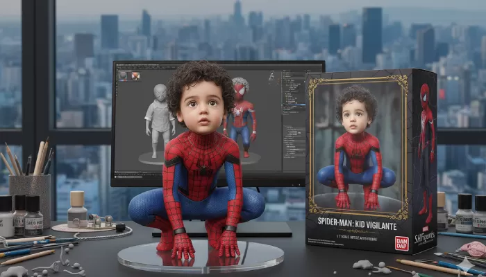 Hasil foto AI anak ala action figure superhero.