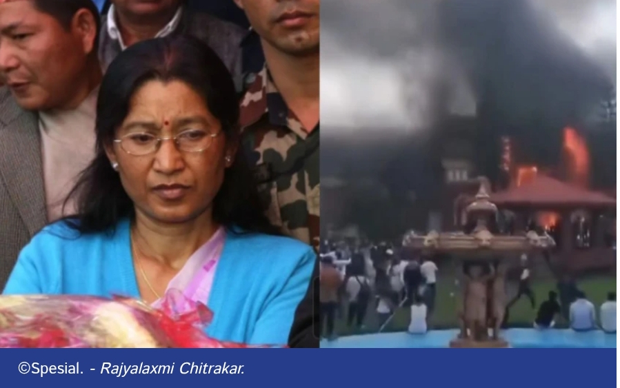 Rajyalaxmi Chitrakar (kiri) dan situasi kebakaran rumahnya di Kathmandu (kanan) saat unjuk rasa ricuh melanda Nepal.