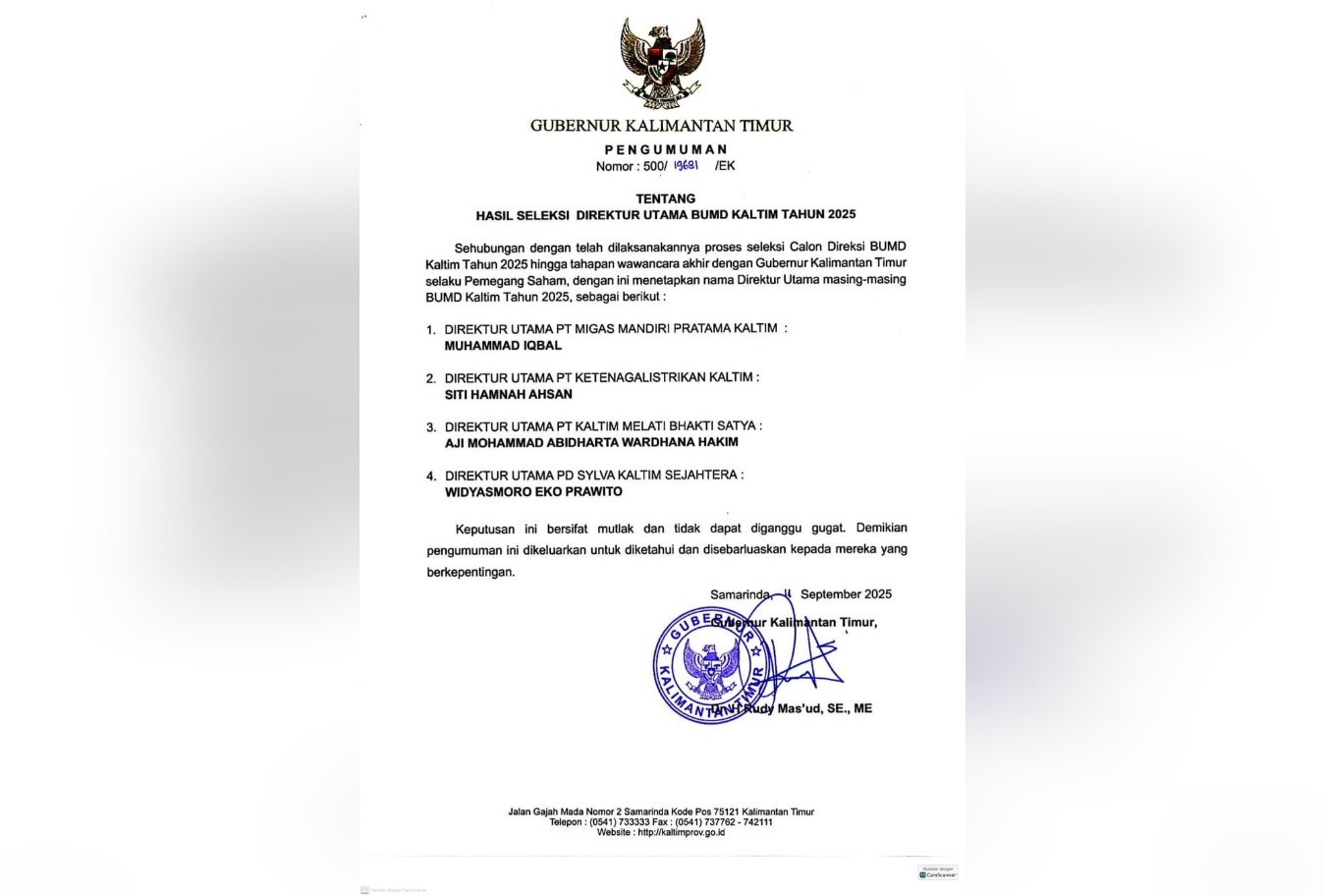 Surat pengumuman nama-nama Dirut empat BUMD Kaltim terpilih.