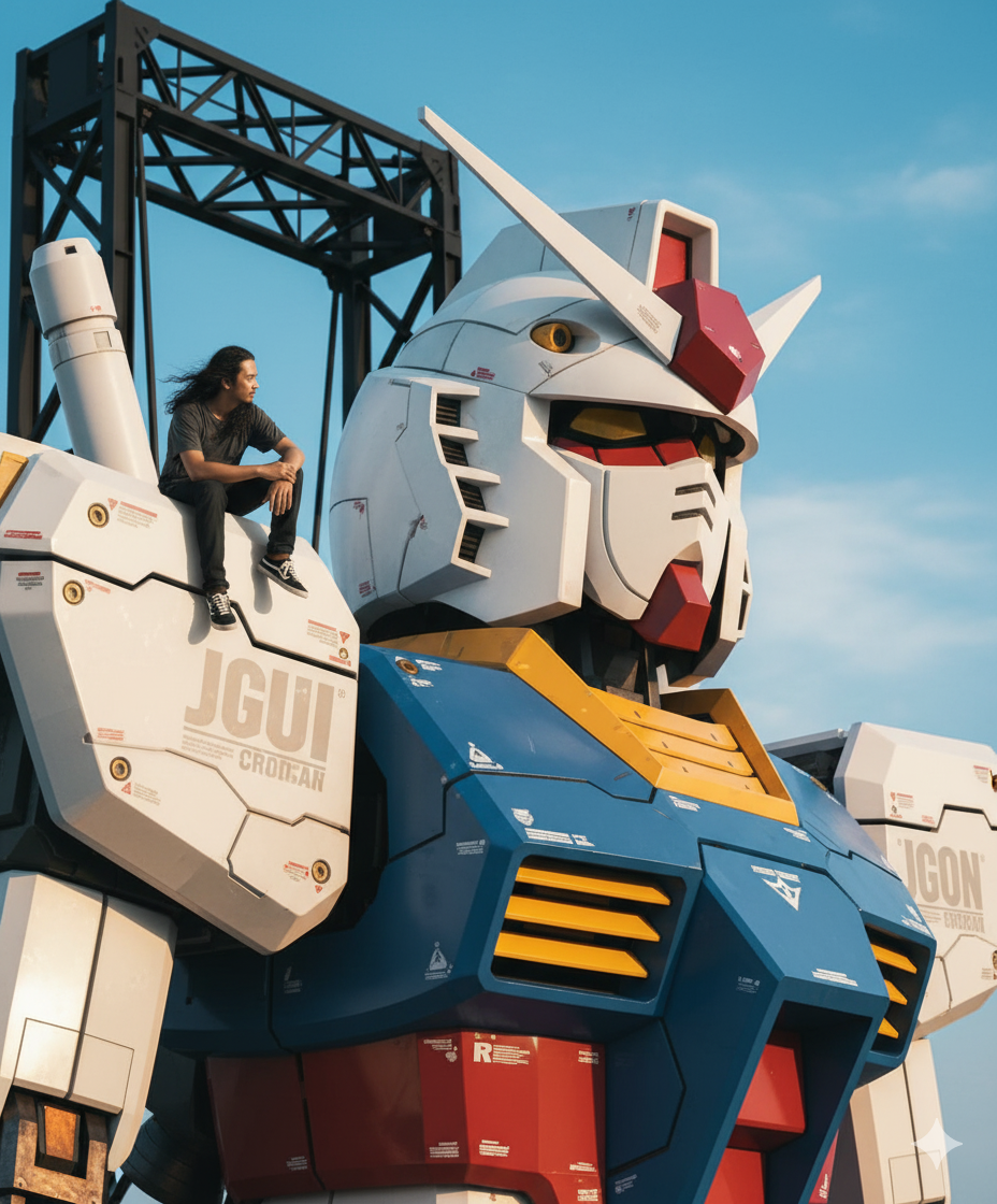 Hasil foto AI dengan Google Gemini, terlihat epik seolah benar-benar duduk di bahu Gundam RX-78-2.
