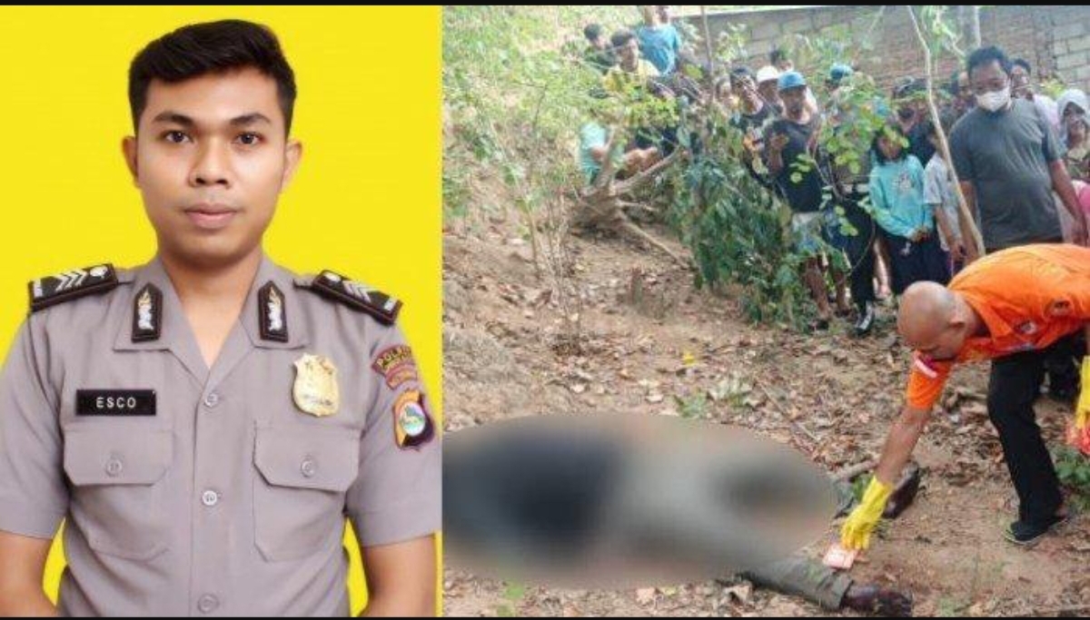Petugas mengevakuasi jasad Brigadir Esco Fasca Rely yang ditemukan membusuk dengan kondisi leher terikat tali di kebun dekat rumahnya di Dusun Nyiur Lembang Dalem, Lombok Barat, Minggu (24/8/2025).