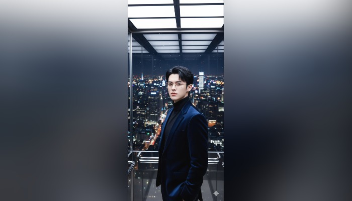 Hasil foto menggunakan prompt AI di lift dengan pemandangan kota bikin foto biasa jadi modern, mewah, dan sinematik.