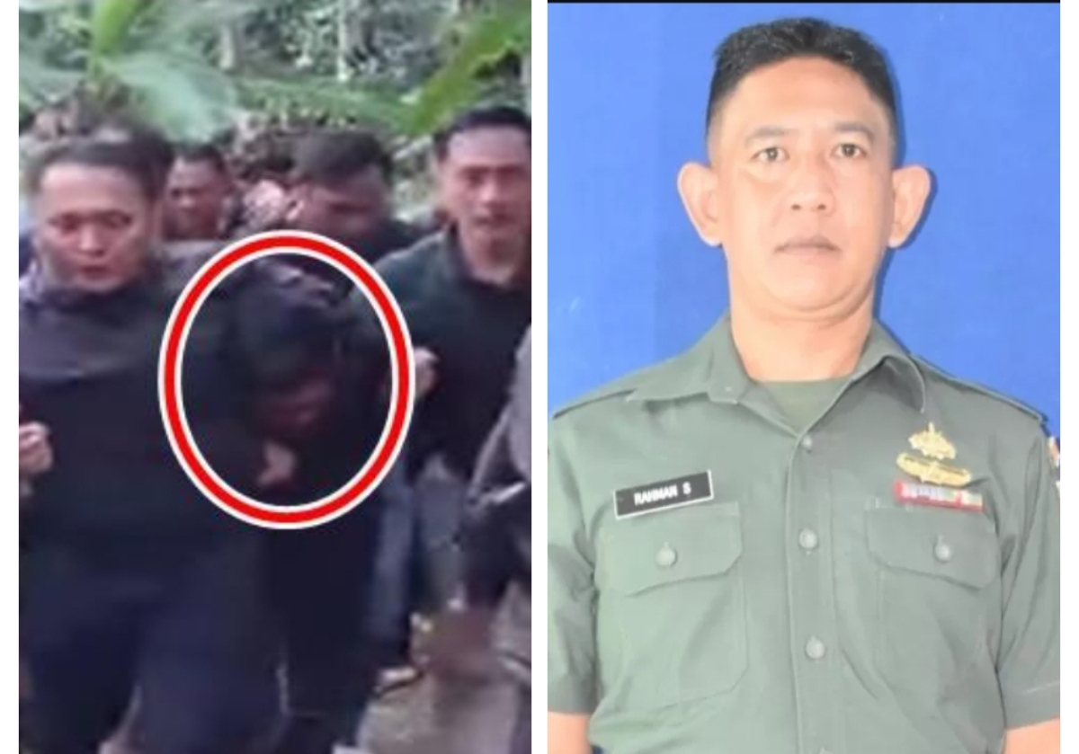 Polisi menggiring terduga pelaku pembunuhan prajurit TNI usai ditangkap di persembunyiannya di kawasan hutan, Senin (15/9/2025). Serda Rahman Setiawan (foto kanan). (FOTO: IST)
