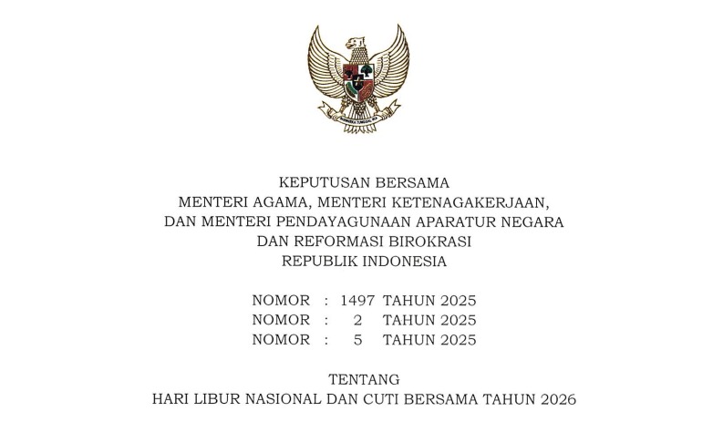 SKB 3 Menteri terkati Libur Nasional dan Cuti Bersama 2026.