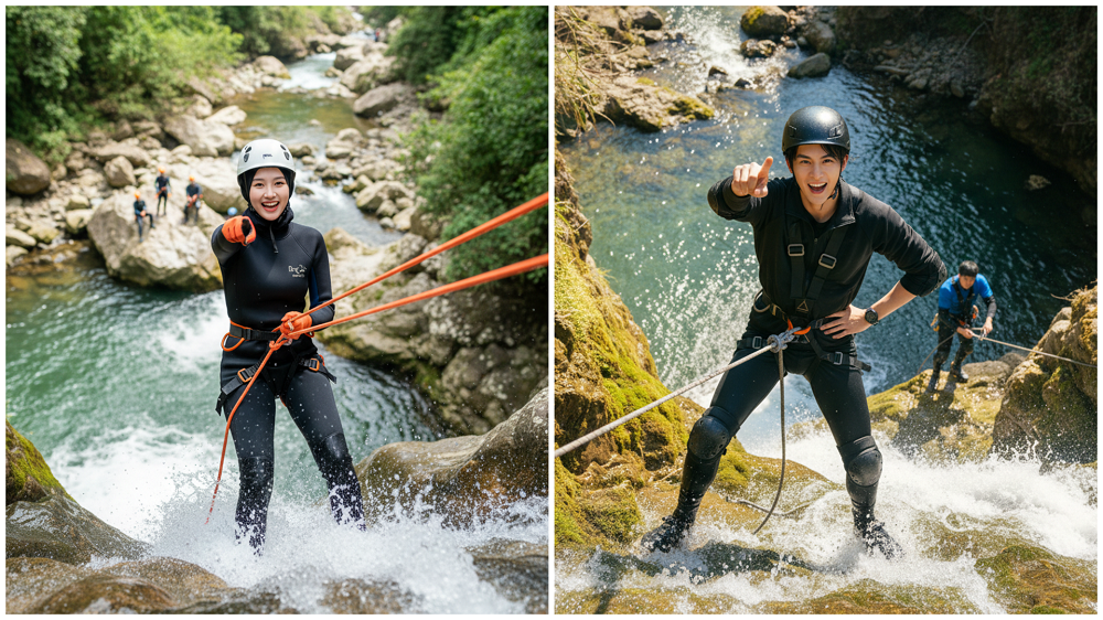 Hasil gambar menggunakan prompt AI rappelling tebing.