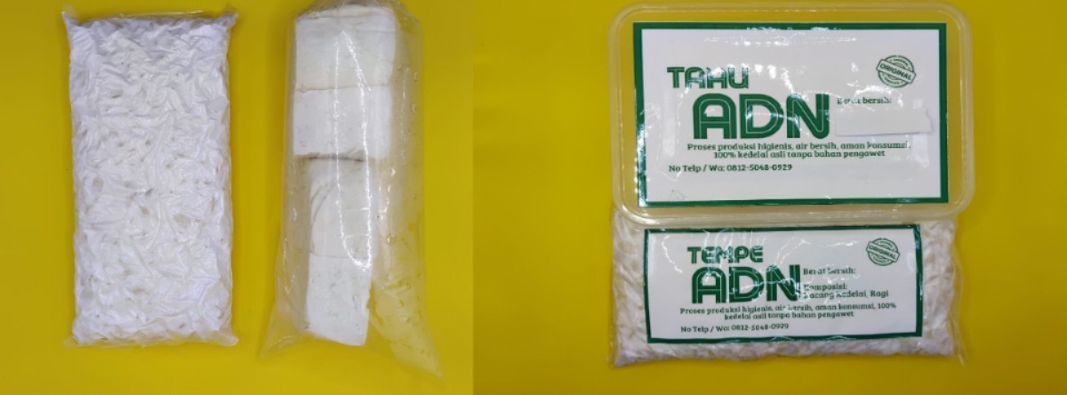 Dokumentasi produk tahu dan tempe sebelum (kiri) dan sesudah (kanan) setelah kegiatan branding produk