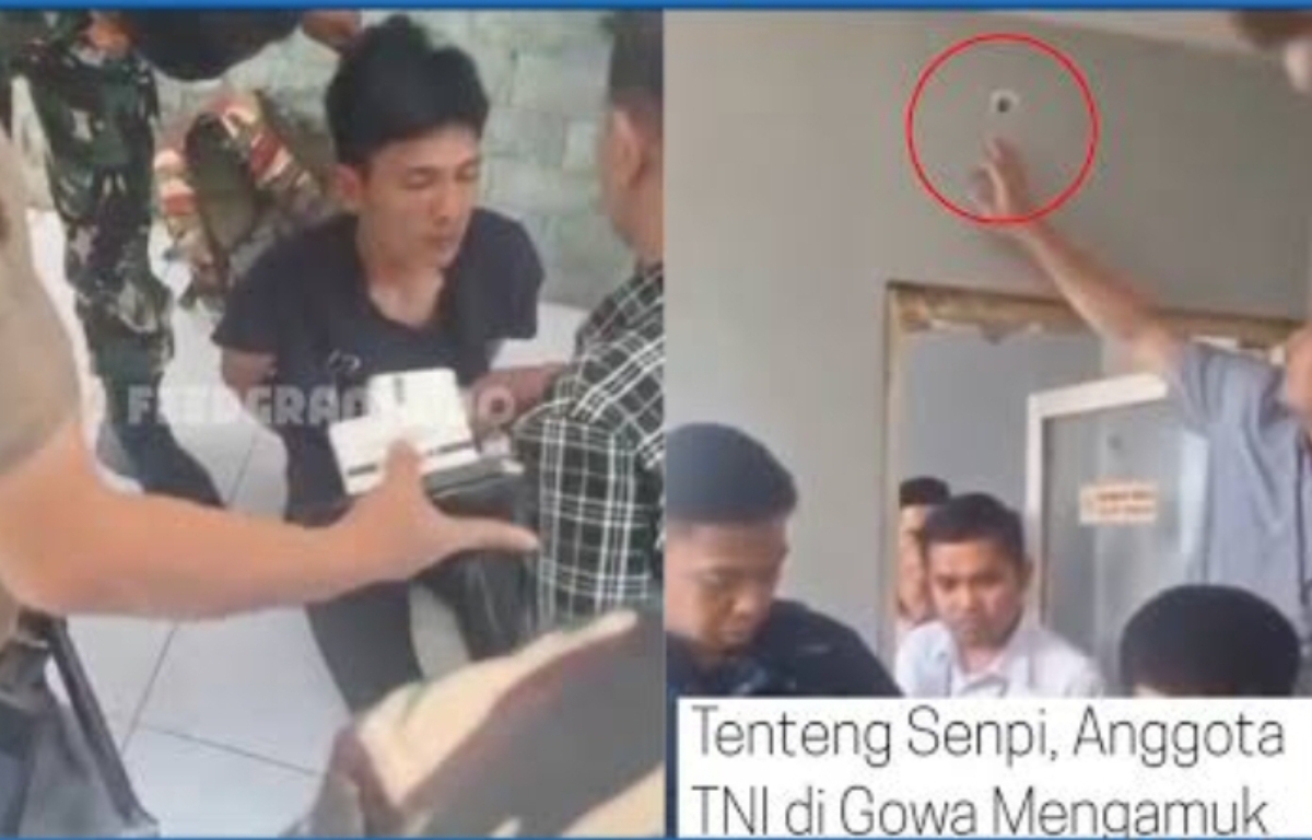 Oknum TNI berinisial Praka SI diamankan usai mengamuk dan menodongkan senjata api laras panjang di salah satu bank di Gowa, Sulawesi Selatan. (Foto tangkapan layar)