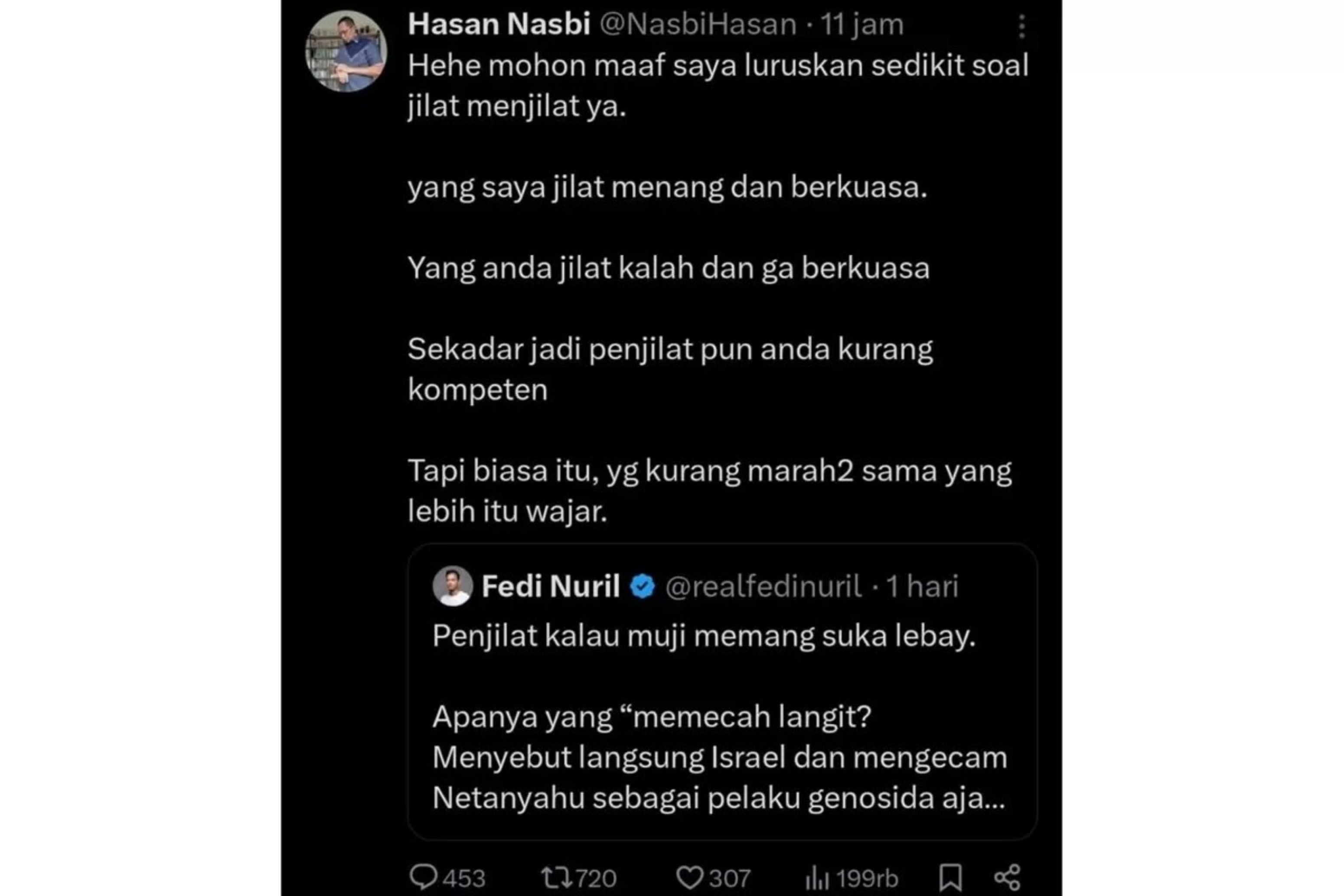 Mantan Kepala Komunikasi Kepresidenan Hasan Nasbi terlibat perdebatan dengan aktor Fedi Nuril di media sosial X.