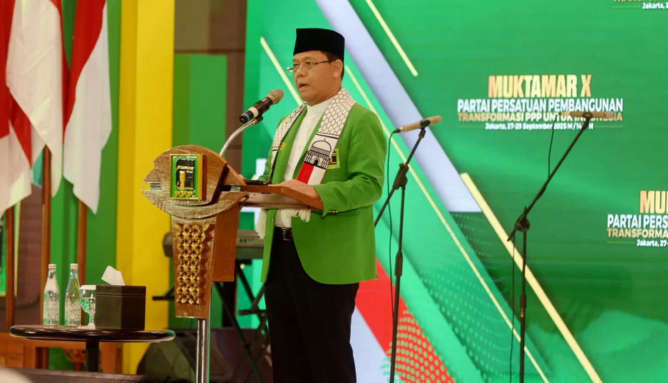 Plt Ketua Umum Partai Persatuan Pembangunan (PPP) Muhamad Mardiono menyampaikan pidato politik saat pembukaan Muktamar ke-10 PPP di Jakarta, Sabtu (27/9/2025).