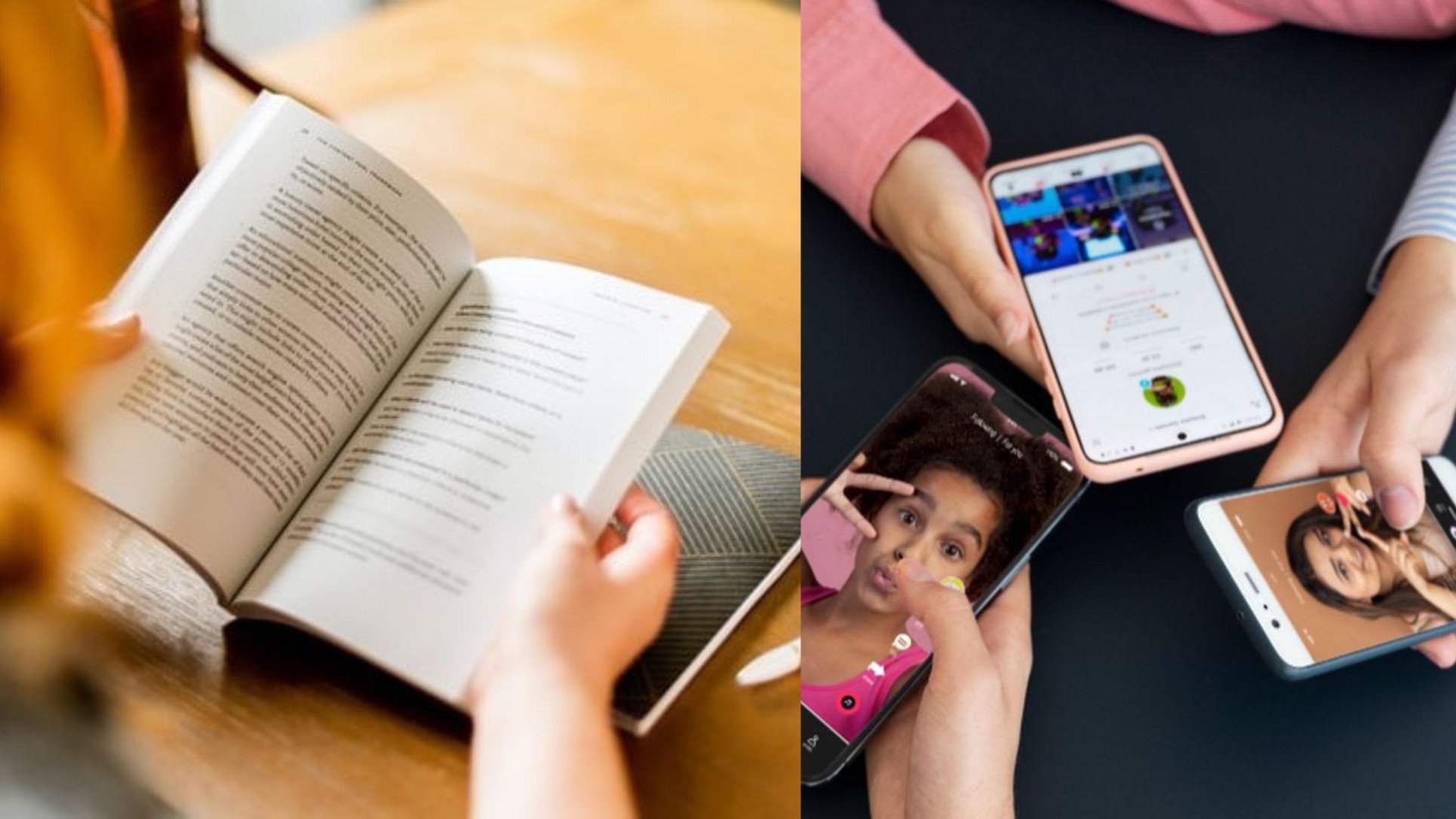 Ilustrasi buku vs konten digital.
