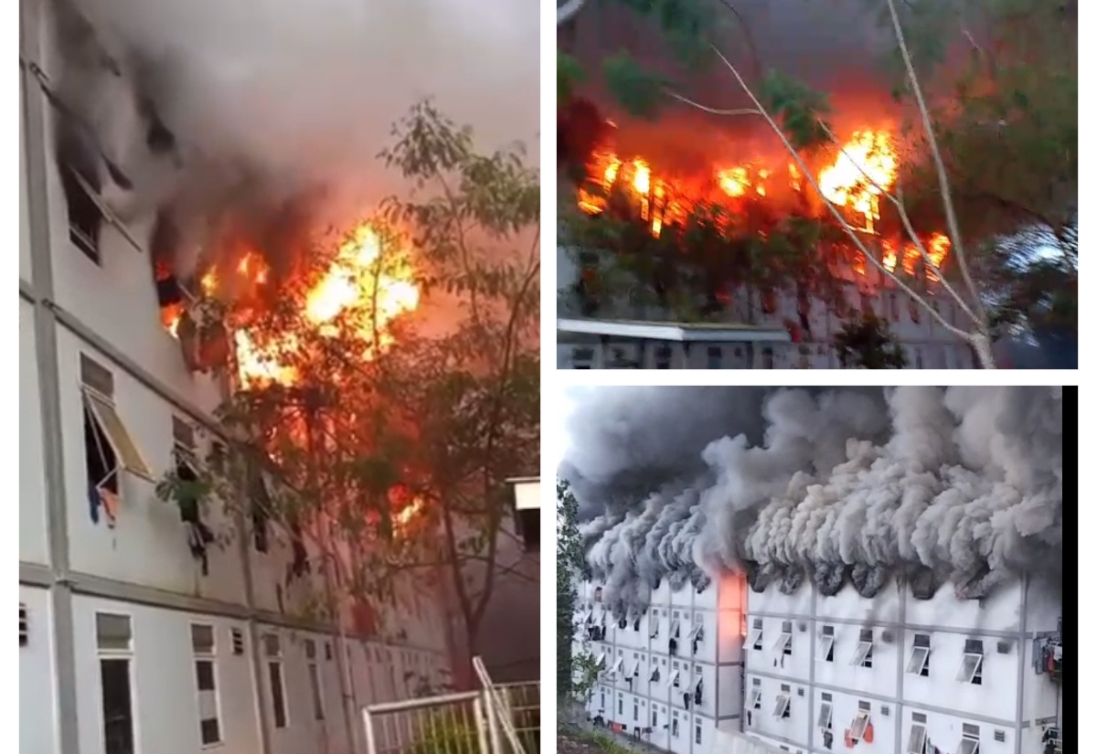 Api membakar Tower 14 Hunian Pekerja Konstruksi IKN, Rabu (1/10/2025) sore. Asap hitam pekat terlihat membumbung tinggi dari lokasi. (Foto tangkapan layar)