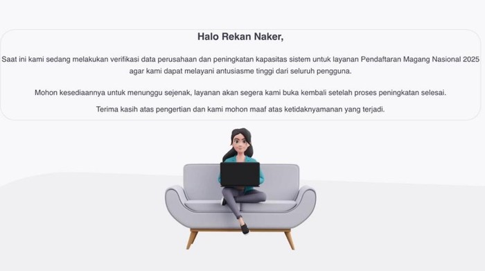 Tangkapan layar situs MagangHub Kemnaker tiba-tiba tak bisa diakses di hari pertama pendaftaran.
