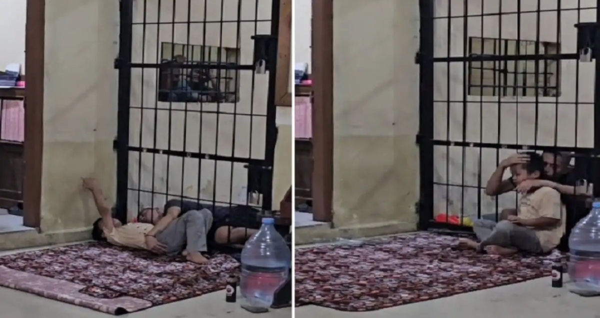Seorang anak kecil tampak memeluk ayahnya dari balik jeruji sel tahanan di Jambi. Polisi memberi izin agar keduanya dapat berjumpa dan melepas rindu di luar sel. (TikTok @handk8787)