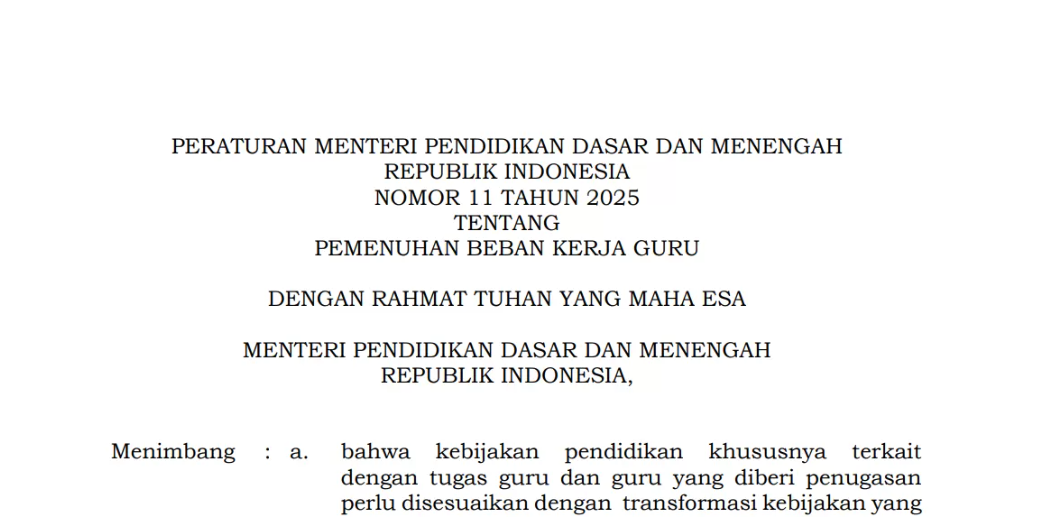 Pemendikdasmen nomor 11 tahun 2025 tentang beban kerja guru.