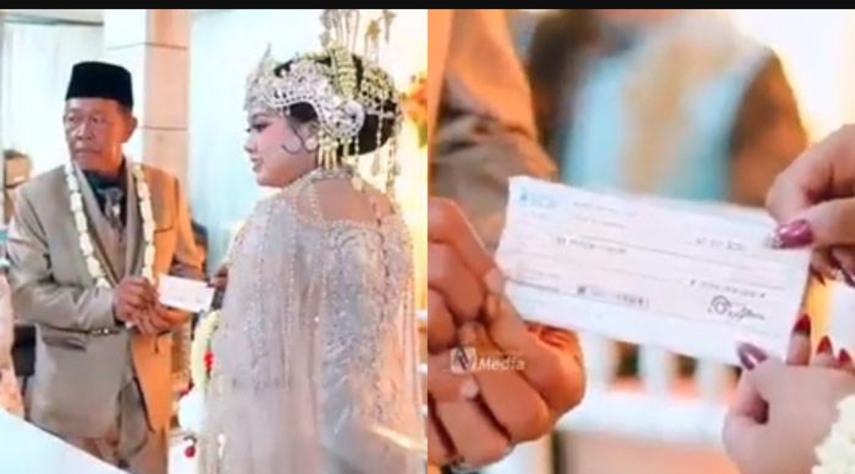 Momen pernikahan Mbah Tarman (74) dengan gadis muda di Pacitan, Jawa Timur. Mahar berupa cek Rp3 miliar, belakangan diketahui kosong. (Foto tangkapan layar)