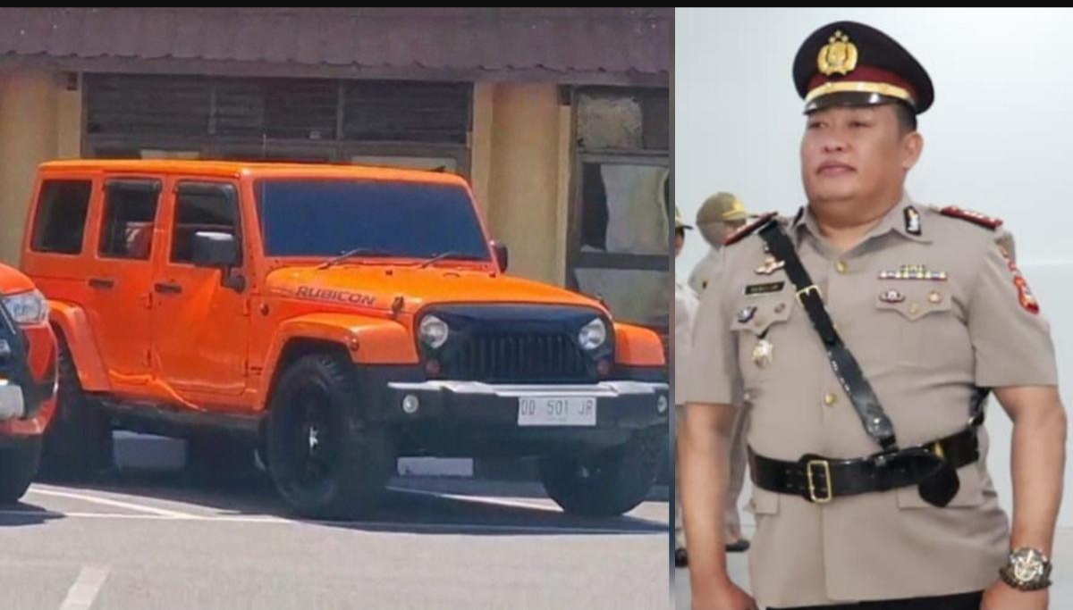 Mobil Jeep Rubicon berwarna oranye dengan pelat nomor DD 501 JR yang viral di media sosial, diduga milik AKP Ramli. (FOTO: IST)