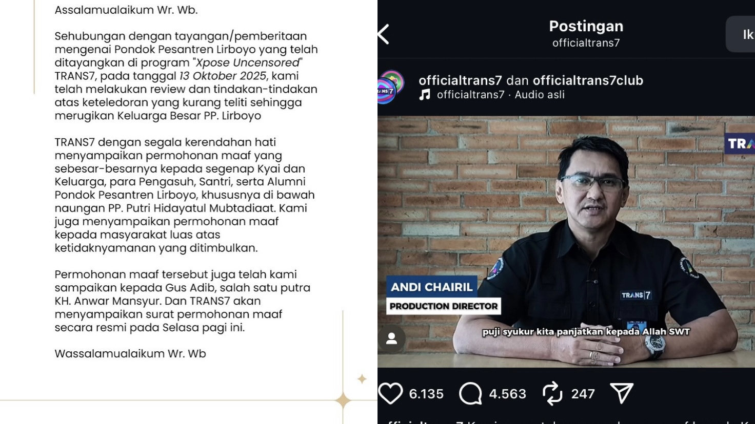 Trans7 akhirnya menyampaikan permohonan maaf resmi kepada Pondok Pesantren Lirboyo, Kediri.
