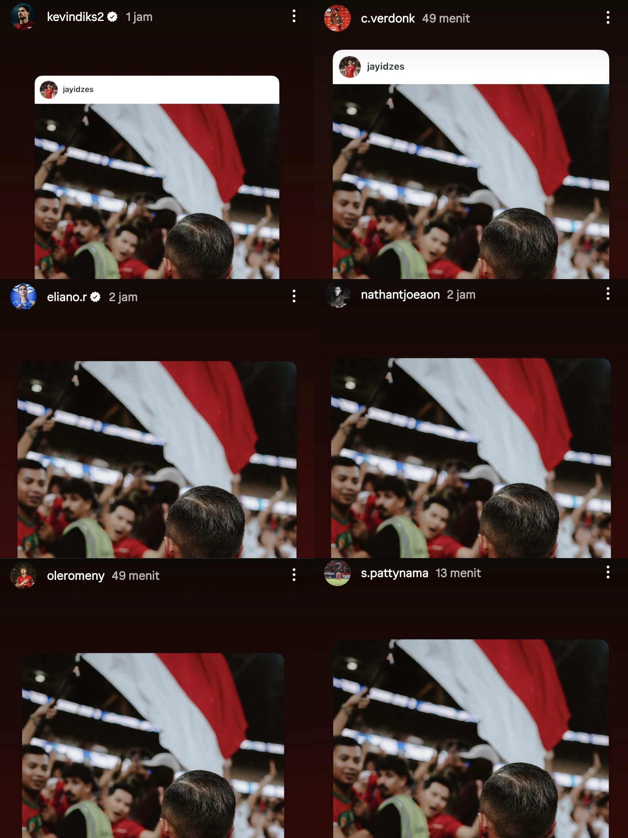 Para pemain Timnas Indonesia merepost unggahan Jay Idzes di media sosial.