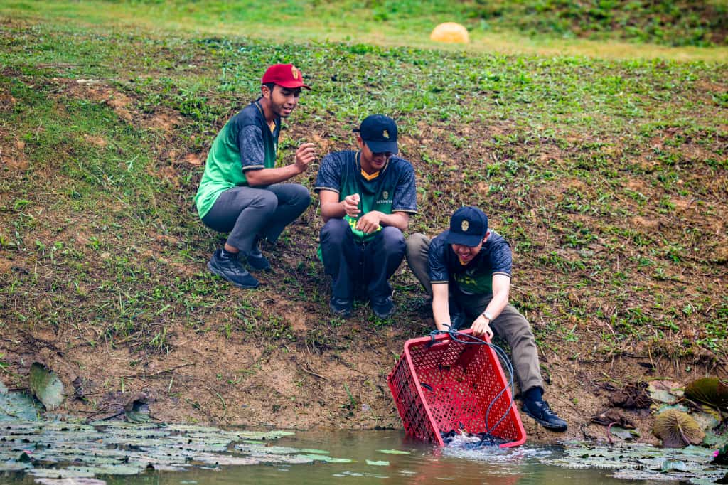 TEBAR IKAN: Sebanyak 500 kilogram ikan air tawar ditebar oleh Otorita IKN di Embung H, KIPP Nusantara.