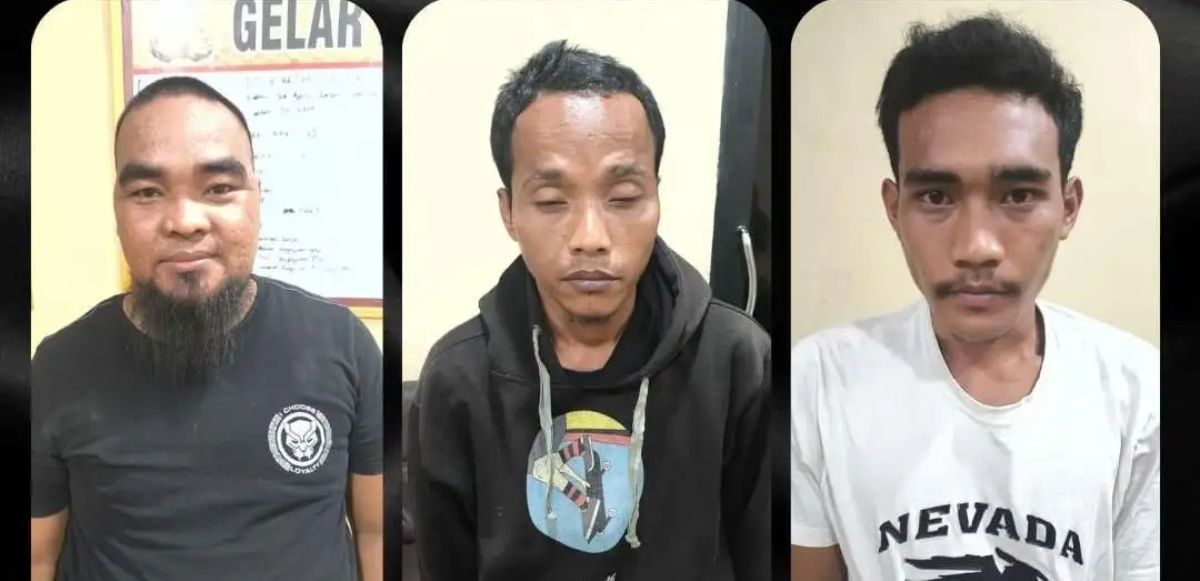 Tiga tersangka kasus penembakan sopir angkot di SPBU Sembawa, Banyuasin, Sumatera Selatan, yang telah ditangkap polisi. (Dok. Humas Polda Sumsel)