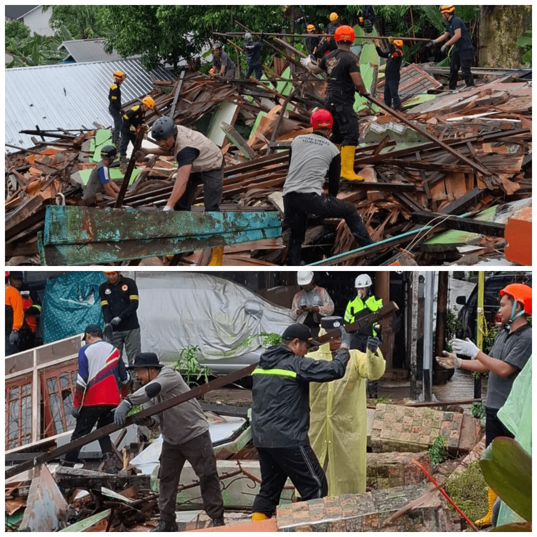 eterlibatan seluruh elemen masyarakat dan instansi terkait dalam kegiatan kerja bakti pembersihan reruntuhan rumah roboh di RT 60, Kelurahan Muara Rapak.