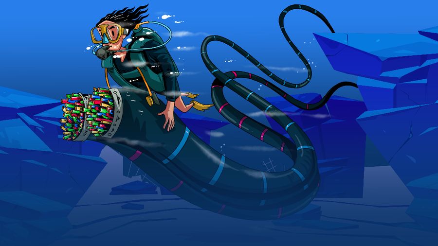 Ilustrasi pemasangan kabel jaringan internet di dasar laut.
