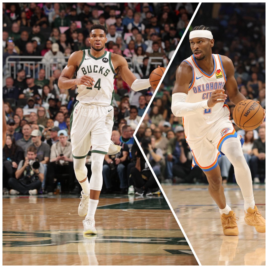 Bintang Milwaukee Bucks Giannis Antekounmpo (kiri) dan bintang Oklahoma City Thunder Shai Gilgeous-Alexander diprediksi bersaing lagi untuk perebutan juara NBA Cup 2025.