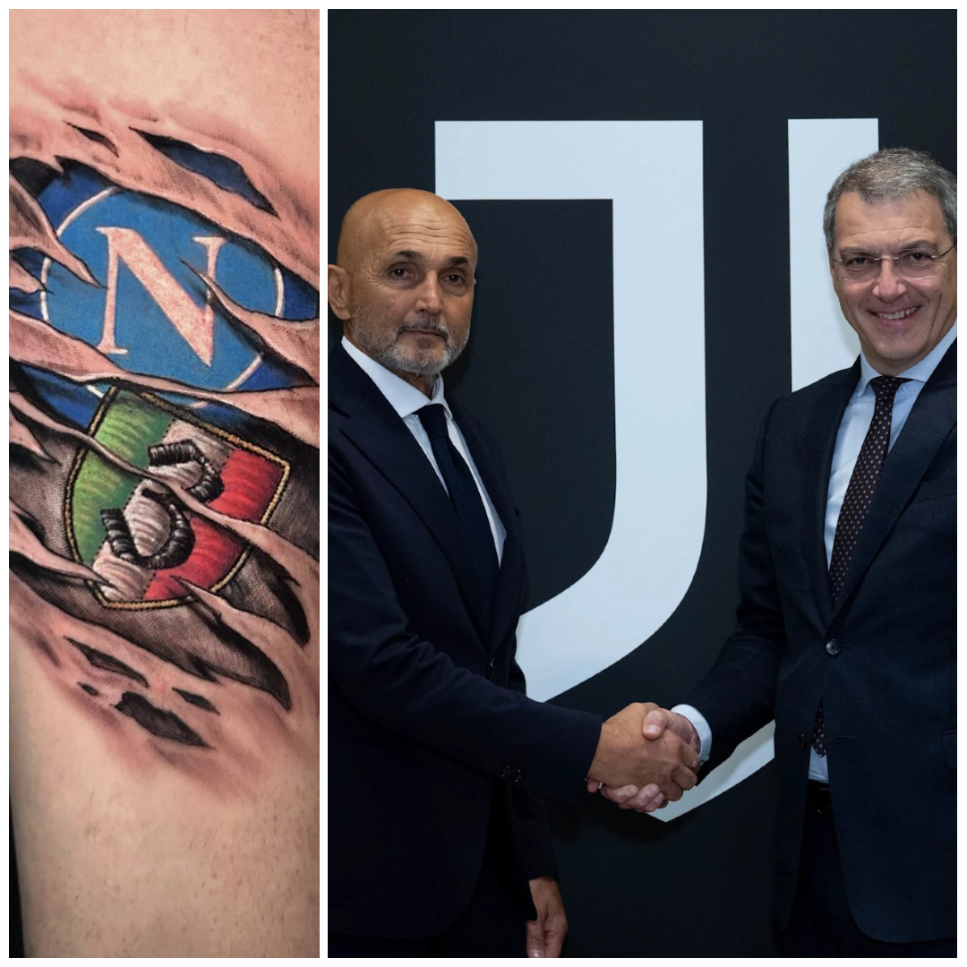 Luciano Spalletti (kiri) dan General Manager Juventus Damien Comolli di Turin kemarin (31/10/2025). Foto kiri, tato SSC Napoli raih scudetto Serie A kali ketiga ada di lengan kiri Spalletti.