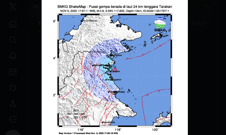 Tangkapan layar laporan gempa di Tarakan dari BMKG
